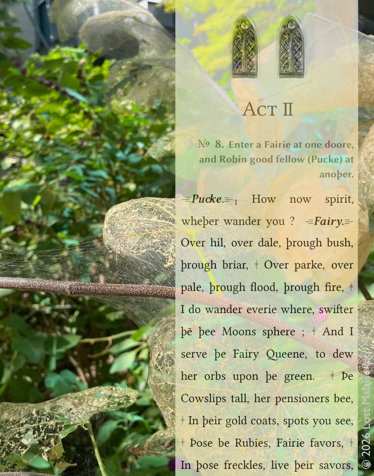 Illustrated Shakespeare *A Midsummer Night’s Dream* Act II text featuring Puck and a fairy discussing Robin Goodfellow’s mischievous nighttime wanderings, layered over ethereal woodland imagery and gothic window motifs in soft green and gold tones.
