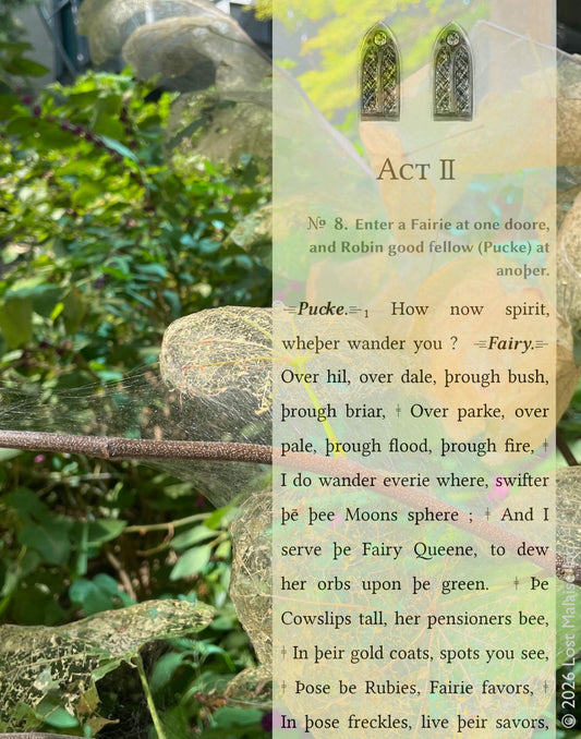 Illustrated Shakespeare *A Midsummer Night’s Dream* Act II text featuring Puck and a fairy discussing Robin Goodfellow’s mischievous nighttime wanderings, layered over ethereal woodland imagery and gothic window motifs in soft green and gold tones.
