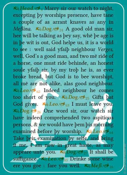 A passage from *Much Ado About Nothing* in which Dogberry and the watch attempt to clarify and report their discovery of “aspicious persons,” layered over a teal playing-card composition featuring silhouetted figures and a large numeral motif. The visual contrast between procedural confusion and graphic clarity underscores Dogberry’s comedic authority, where miscommunication becomes its own kind of order within civic surveillance and social misunderstanding.