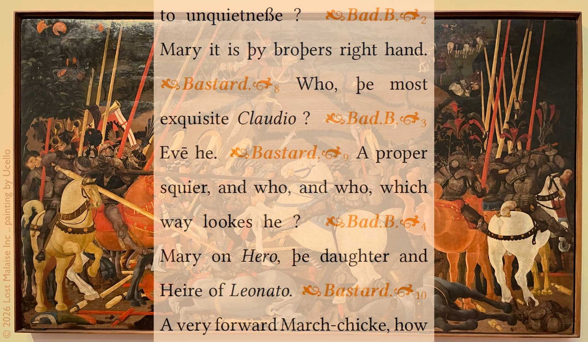 Don John and his companions size up Claudio and Hero while Uccello’s fractured cavalry surges behind them. Courtship becomes strategy, reputation becomes battlefield, and romance enters the scene already shadowed by conspiracy.