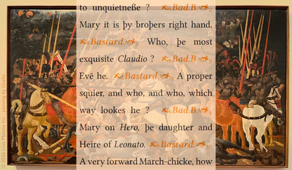 Don John and his companions size up Claudio and Hero while Uccello’s fractured cavalry surges behind them. Courtship becomes strategy, reputation becomes battlefield, and romance enters the scene already shadowed by conspiracy.