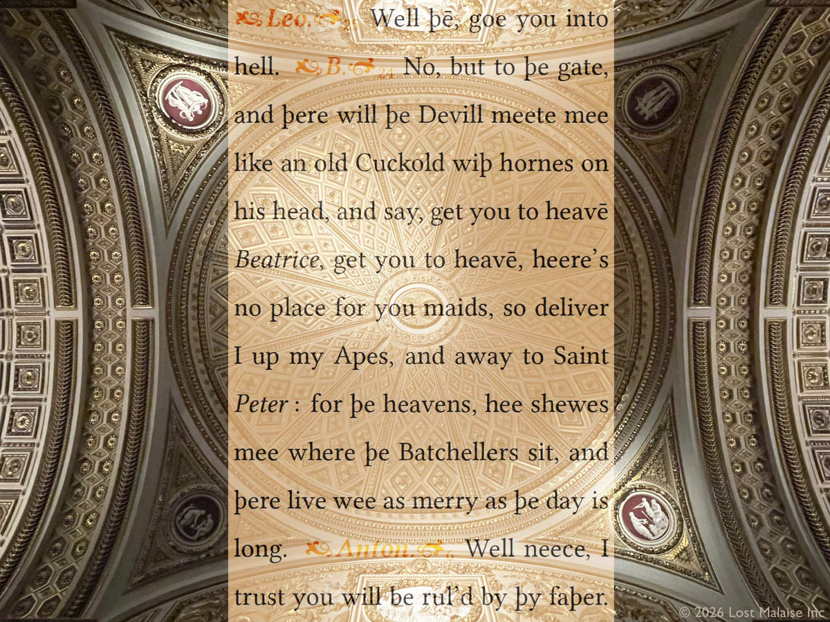 Beatrice jokes about heaven, bachelors, and the hazards of marriage beneath an impossibly ornate ceiling that turns flirtation into theology. The scene balances wit and resistance — romance treated less as destiny than negotiation.
