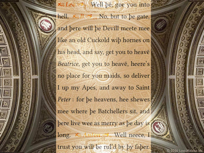 Beatrice jokes about heaven, bachelors, and the hazards of marriage beneath an impossibly ornate ceiling that turns flirtation into theology. The scene balances wit and resistance — romance treated less as destiny than negotiation.