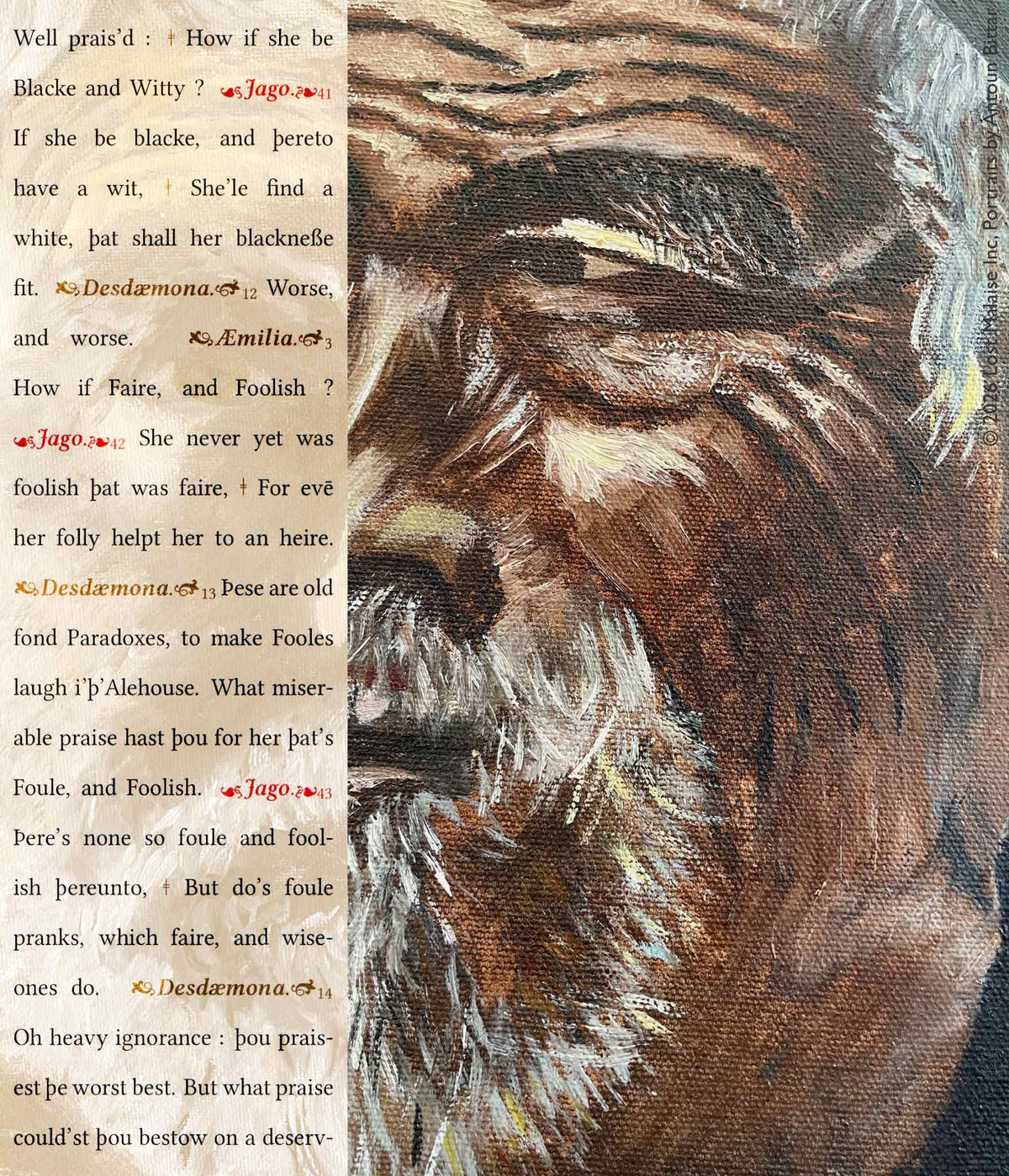 Cover artwork for Othello in the Fifth Folio edition featuring Iago’s manipulative exchanges with Desdemona and Emilia layered beside expressive portrait studies by Antoun Bittar rendered in dramatic brushwork and shadow.