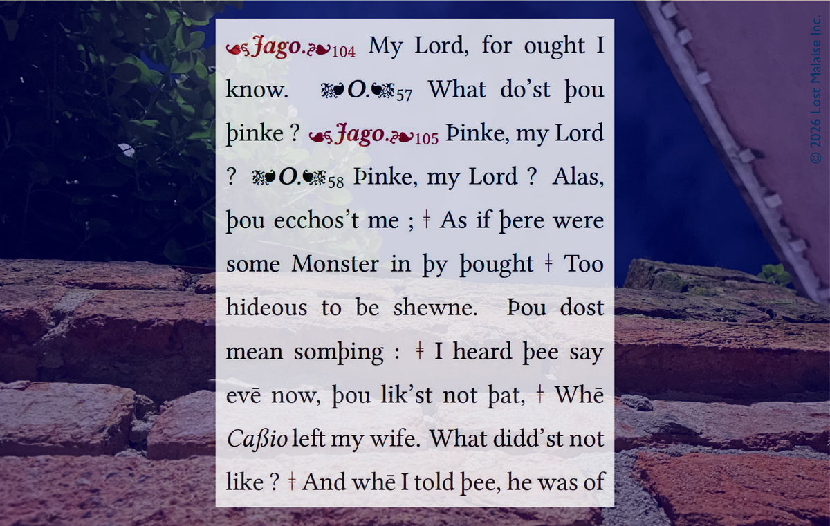 Shakespeare *Othello* text showing Iago subtly poisoning Othello’s mind with suspicions about Desdemona and Cassio, overlaid on a dramatic upward architectural view with stone walls, deep blue sky, and looming Venetian geometry.