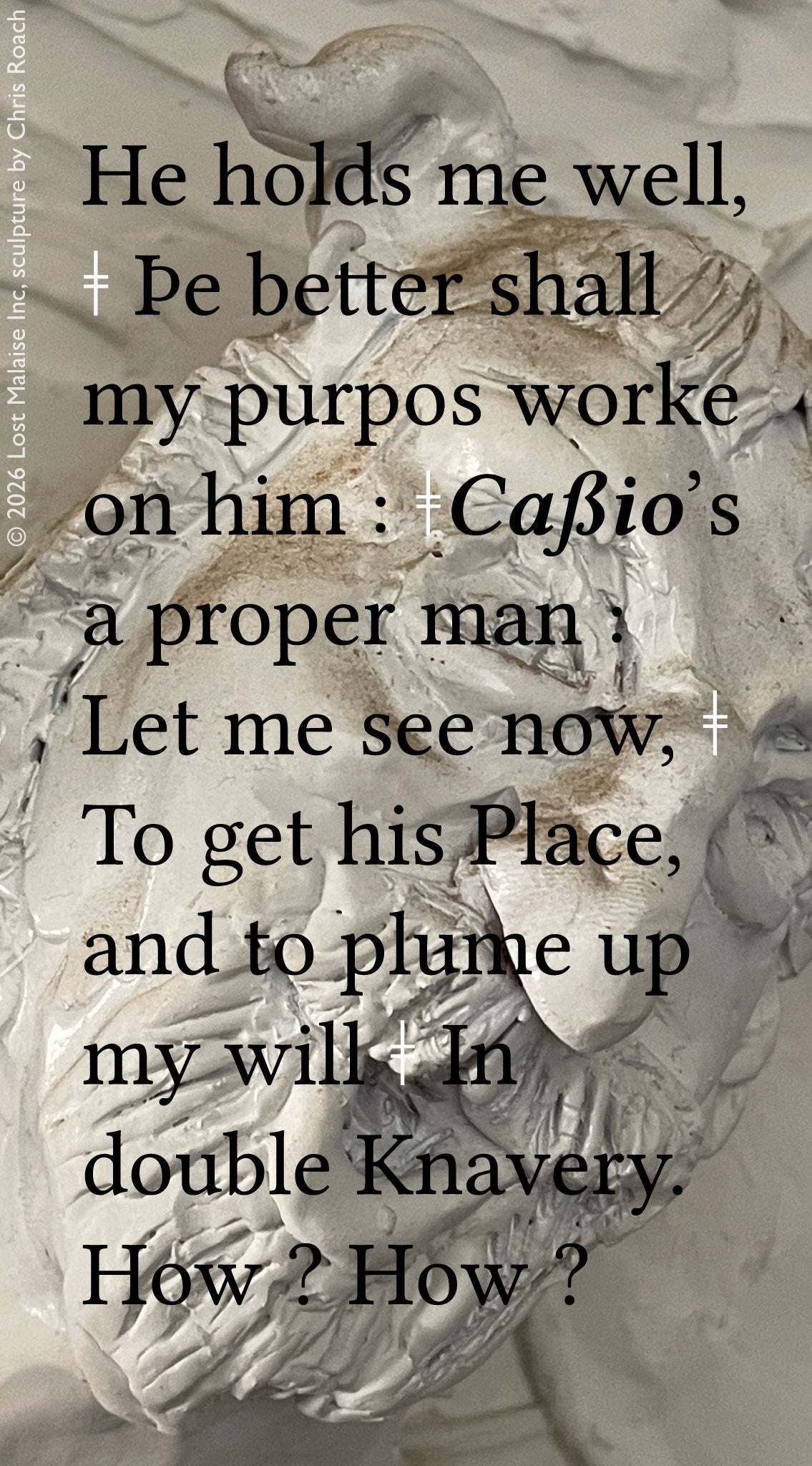 Cover artwork for Othello in the Fifth Folio edition featuring Iago plotting to manipulate Cassio and advance his schemes through “double knavery” layered over an abstract pale sculptural form suggestive of distortion and concealment.