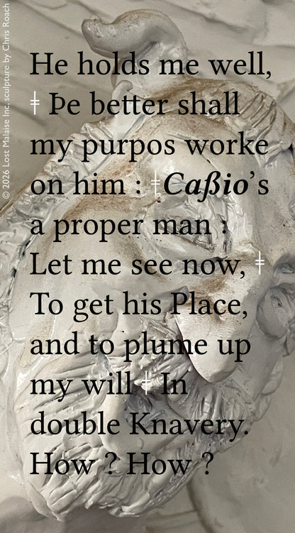 Cover artwork for Othello in the Fifth Folio edition featuring Iago plotting to manipulate Cassio and advance his schemes through “double knavery” layered over an abstract pale sculptural form suggestive of distortion and concealment.