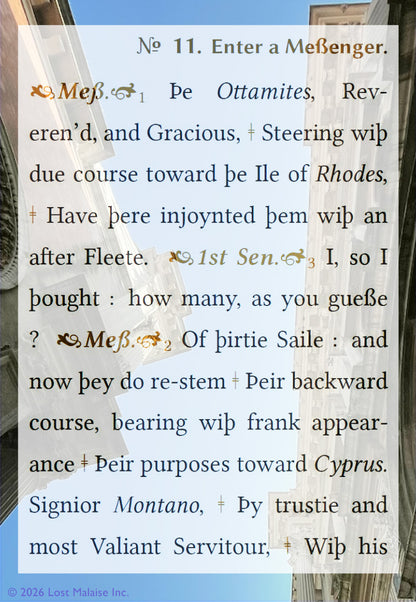Shakespeare Othello text depicting the Moor being summoned before the Venetian leaders to defend Cyprus, overlaid on an upward architectural view in Venice with towering buildings, narrow light-filled sky, and dramatic urban perspective.