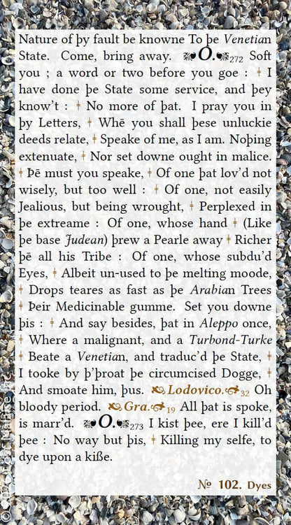 Cover artwork for Othello in the Fifth Folio edition featuring Othello’s final speech layered over a bed of seashells, invoking memory, loss, judgment, and the “pearl” cast away too late.