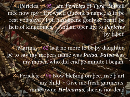 Pericles and Marina finally recognize one another after years of shipwreck, loss, and presumed death. Set against the exposed gears and armatures of a ruined mechanism, the reunion feels reconstructed rather than merely remembered — a family painfully brought back into motion.