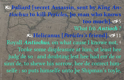 An assassin asks after Pericles while reports arrive of a prince already vanished into uncertainty at sea. Against software-generated instrument dials, the scene becomes navigational and unstable — fate measured like weather, velocity, or risk.