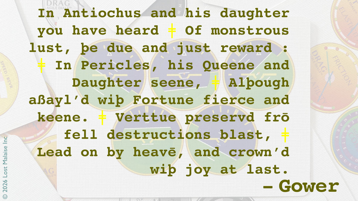Shakespeare text from *Pericles, Prince of Tyre* showing Gower’s closing speech summarising resolution, divine fortune, and restored order, overlaid on a stylized playing-card inspired design featuring multiple circular attitude dials arranged across the composition, each indicating different states simultaneously, suggesting balance, convergence, and a world returning to harmony within a structured symbolic system.