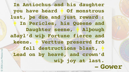 Shakespeare text from *Pericles, Prince of Tyre* showing Gower’s closing speech summarising resolution, divine fortune, and restored order, overlaid on a stylized playing-card inspired design featuring multiple circular attitude dials arranged across the composition, each indicating different states simultaneously, suggesting balance, convergence, and a world returning to harmony within a structured symbolic system.