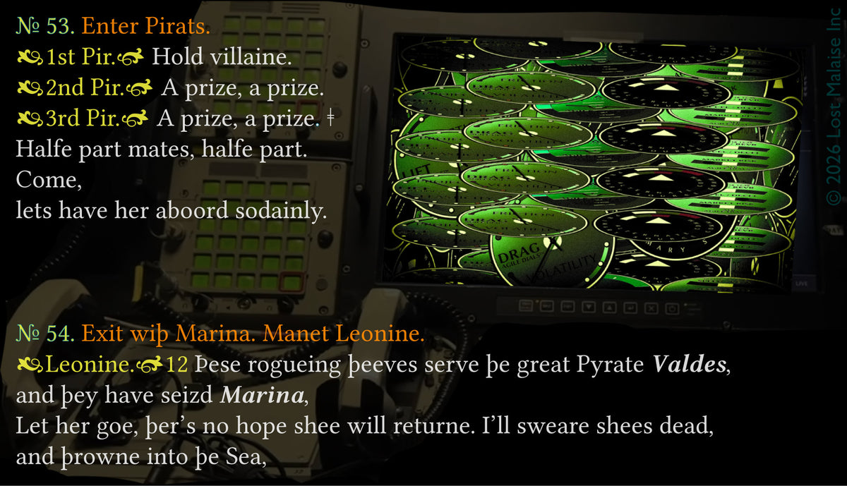 Marina is seized by pirates and carried off into uncertainty while those left behind decide she may as well be dead. Set inside the glowing instrumentation of a submarine control space and layered with unstable software-generated dials, the scene turns abduction into a systems failure — fate flickering across tactical displays and green-lit machinery.
