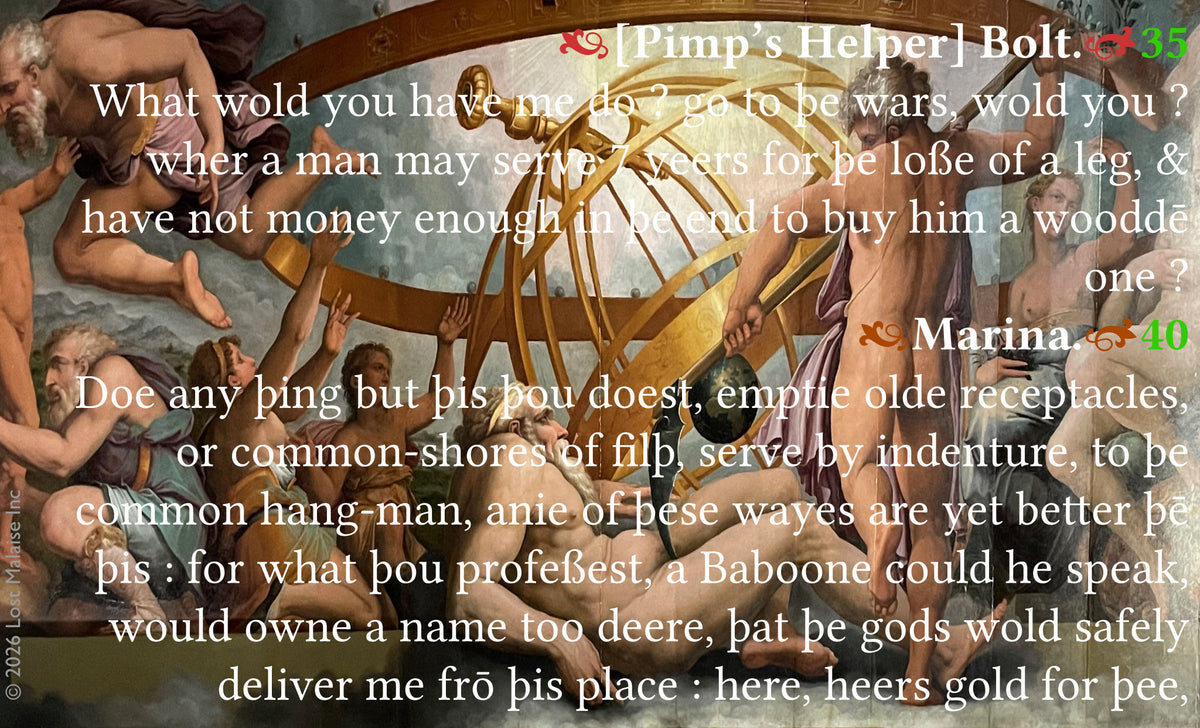 Shakespeare text from *Pericles, Prince of Tyre* showing Marina rejecting coercion and asserting moral autonomy in dialogue with figures of authority, including references to labour, captivity, and social judgement, overlaid on a Renaissance-style classical painting backdrop depicting intertwined human figures in a dramatic allegorical composition evoking themes of disrupted social order, exploitation, and ethical resistance.
