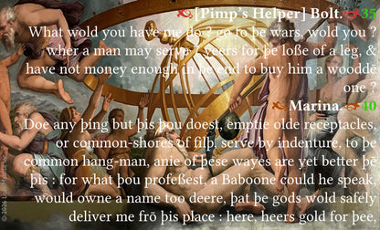 Shakespeare text from *Pericles, Prince of Tyre* showing Marina rejecting coercion and asserting moral autonomy in dialogue with figures of authority, including references to labour, captivity, and social judgement, overlaid on a Renaissance-style classical painting backdrop depicting intertwined human figures in a dramatic allegorical composition evoking themes of disrupted social order, exploitation, and ethical resistance.
