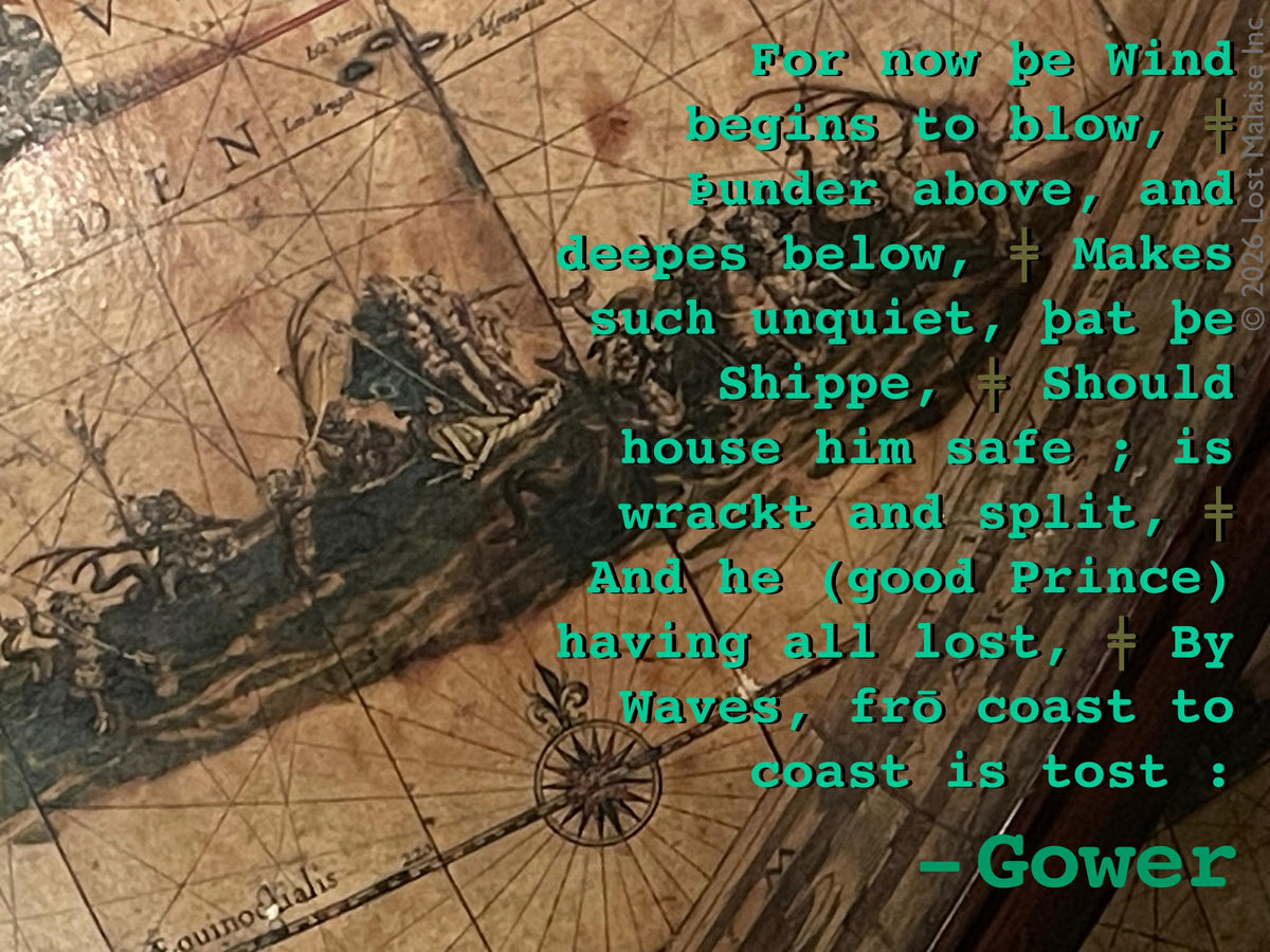 Driven from Antioch, Pericles enters the unstable world beyond courts and certainty. Gower narrates the prince’s shipwreck against the surface of a Renaissance globe alive with sea-creatures, storms, and imagined geographies. The tilted cartographic world turns the voyage into fate itself: kingdoms vanish, bearings fail, and Pericles is carried “from coast to coast” through the violent, wandering sea that governs the play’s long passage toward loss and eventual restoration.