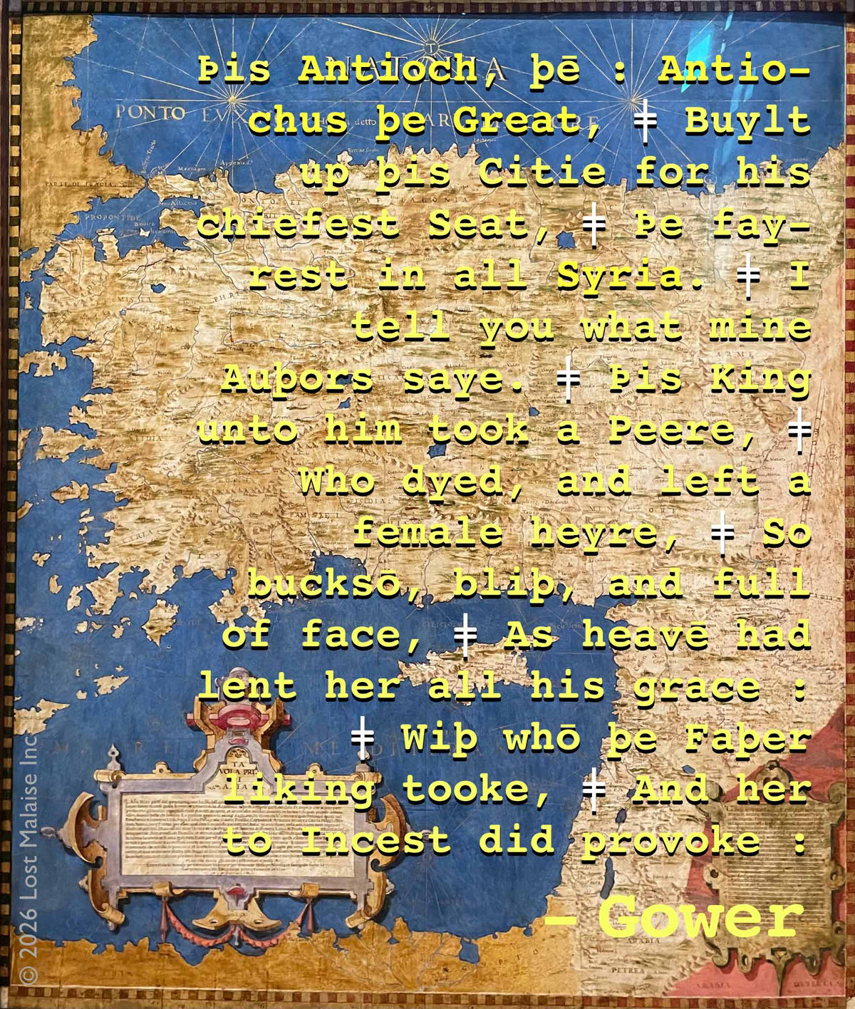 Gower opens *Pericles* by charting the corruption at Antioch: a brilliant court poisoned from within by incest, secrecy, and dynastic decay. Set over a Renaissance map of the eastern Mediterranean, the image turns the scandal into geography itself — kingdoms, trade routes, and coastlines all shadowed by the moral catastrophe at the palace center.