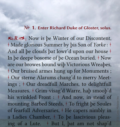 Shakespeare Richard III opening monologue superimposed over storm-heavy Gulf Coast ocean landscape in South Florida. Contemporary literary collage artwork pairing Richard’s “Now is the Winter of our Discontent” speech with atmospheric seascape photography, gothic political drama, and brooding coastal sky imagery.