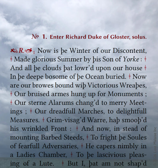 Shakespeare Richard III opening monologue superimposed over storm-heavy Gulf Coast ocean landscape in South Florida. Contemporary literary collage artwork pairing Richard’s “Now is the Winter of our Discontent” speech with atmospheric seascape photography, gothic political drama, and brooding coastal sky imagery.