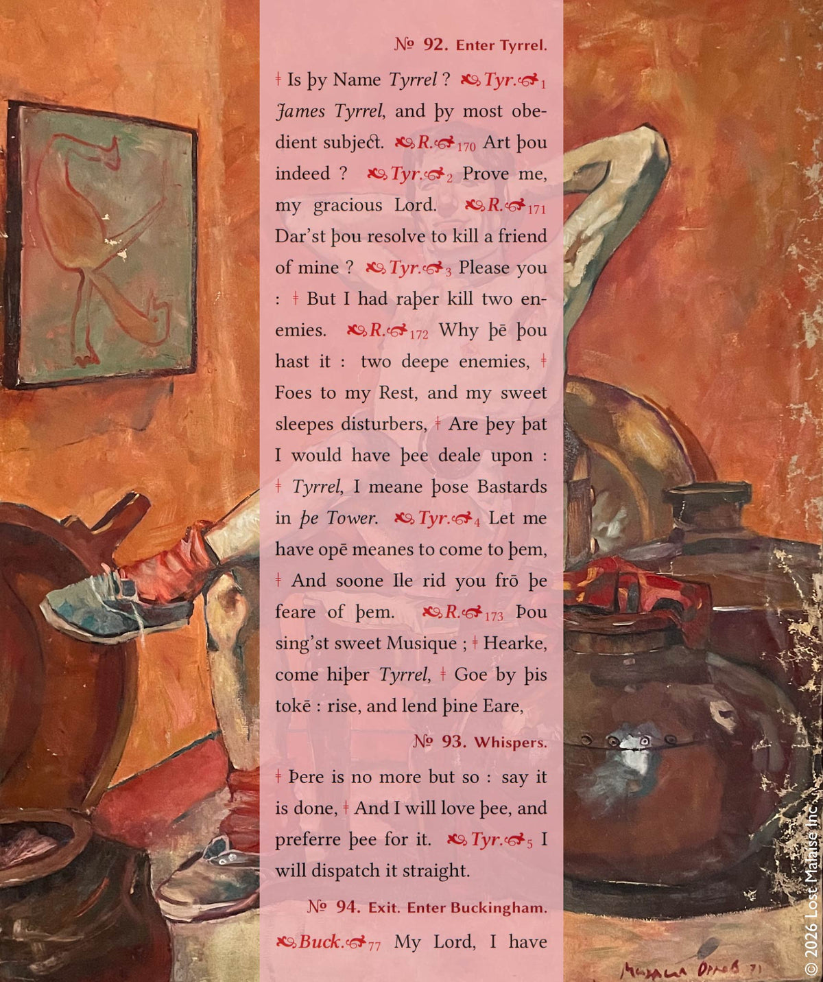A scene from Richard III in which Richard quietly commissions the murder of the princes in the Tower, superimposed over an expressive interior portrait of a seated figure rendered in warm reddish tones. The calm domestic atmosphere stands in uneasy contrast to the violence unfolding in the text.
