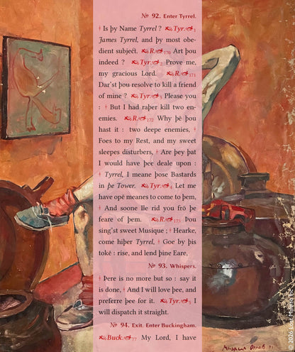 A scene from Richard III in which Richard quietly commissions the murder of the princes in the Tower, superimposed over an expressive interior portrait of a seated figure rendered in warm reddish tones. The calm domestic atmosphere stands in uneasy contrast to the violence unfolding in the text.
