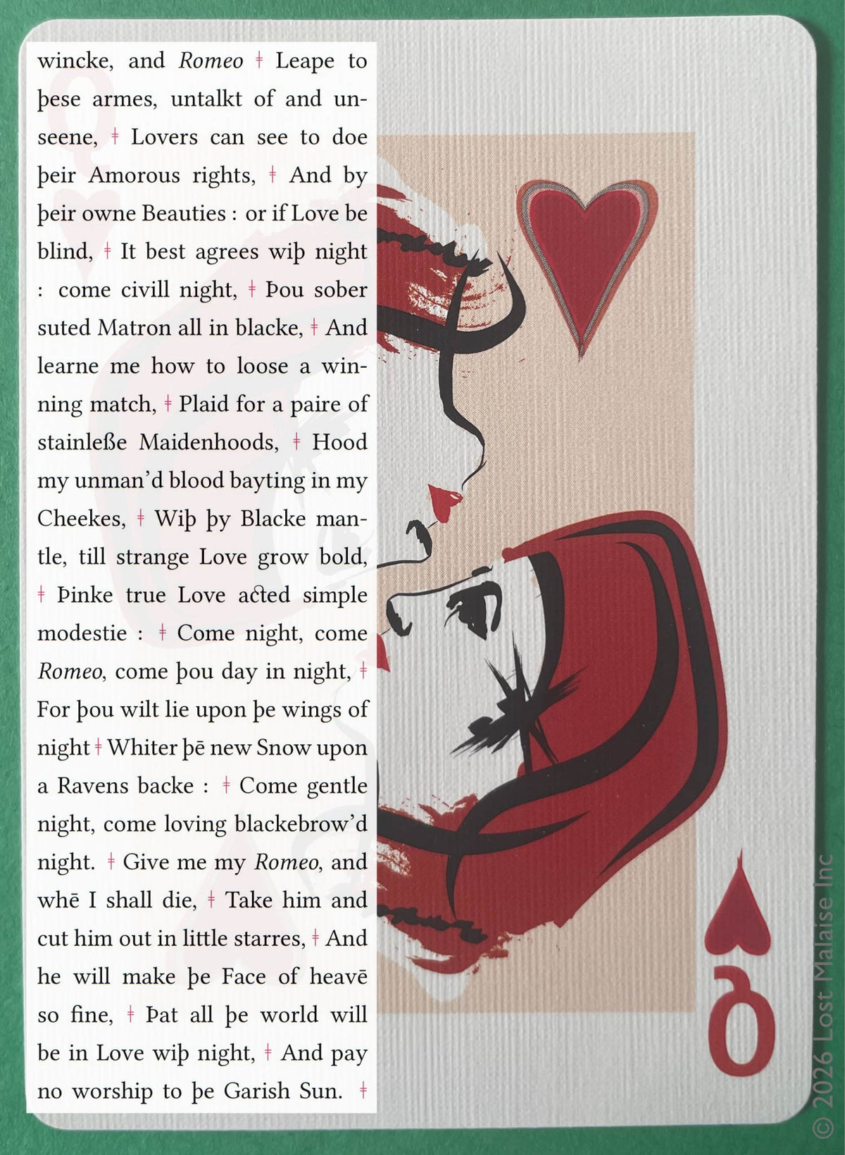 Shakespeare *Romeo and Juliet* text featuring Juliet’s passionate nighttime speech longing for Romeo, overlaid on a stylized Queen of Hearts playing card with minimalist feminine portraiture and red heart symbols.