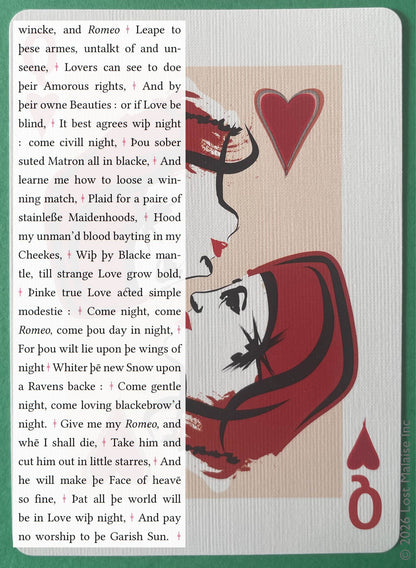 Shakespeare *Romeo and Juliet* text featuring Juliet’s passionate nighttime speech longing for Romeo, overlaid on a stylized Queen of Hearts playing card with minimalist feminine portraiture and red heart symbols.