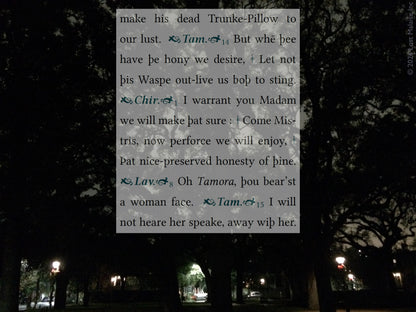 Shakespeare Titus Andronicus Lavinia scene superimposed over Savannah Georgia night photography beneath southern live oak trees. Southern gothic literary collage artwork combining Shakespearean tragedy, mutilation and silence themes, dark canopy imagery, nocturnal atmosphere, and blue gothic typography.