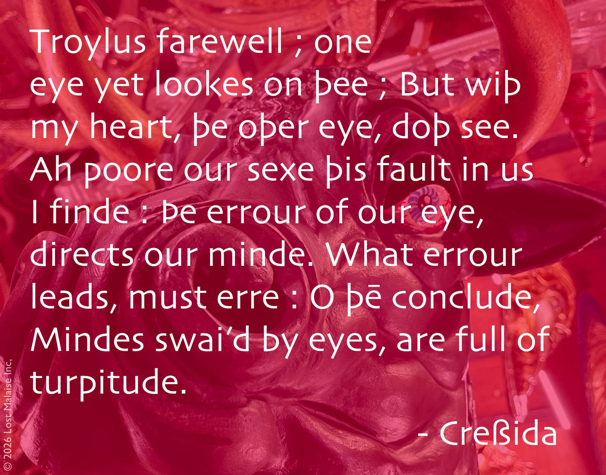 Shakespeare Troilus and Cressida temptation speech featuring Cressida’s reflections on desire, error, and seduction, superimposed over hard rock vinyl records, guitar amplifier imagery, and a Venetian bull masque. Literary collage wall art blending Shakespeare tragedy text, rock music aesthetics, retro vinyl culture, masquerade symbolism, psychological temptation, decadent romance, Venice-inspired imagery, and experimental typography montage.