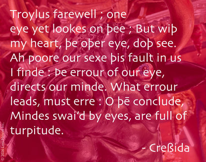 Shakespeare Troilus and Cressida temptation speech featuring Cressida’s reflections on desire, error, and seduction, superimposed over hard rock vinyl records, guitar amplifier imagery, and a Venetian bull masque. Literary collage wall art blending Shakespeare tragedy text, rock music aesthetics, retro vinyl culture, masquerade symbolism, psychological temptation, decadent romance, Venice-inspired imagery, and experimental typography montage.