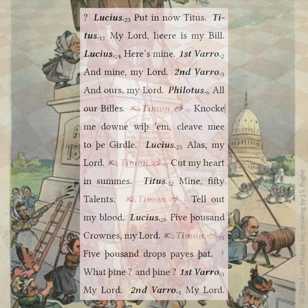 Shakespeare text from Timon of Athens showing servants presenting bills and demands for payment to Timon, overlaid on a satirical illustration of men wearing women’s clothing gathered around a statue within sight of the Capitol, suggesting public unrest and institutional pressure.