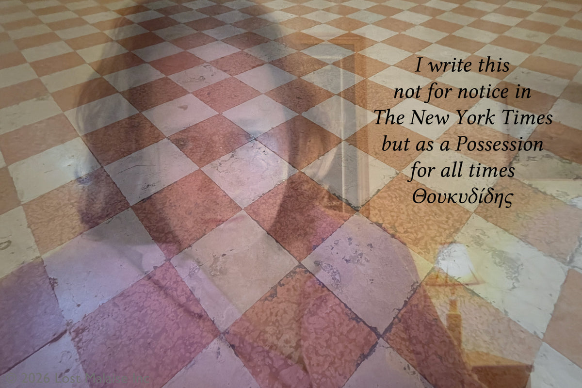 Thucydides quote about writing for permanence layered over a double-exposed self-portrait of the artist on a Venetian checkered floor, contrasting contemporary publication with enduring historical record.