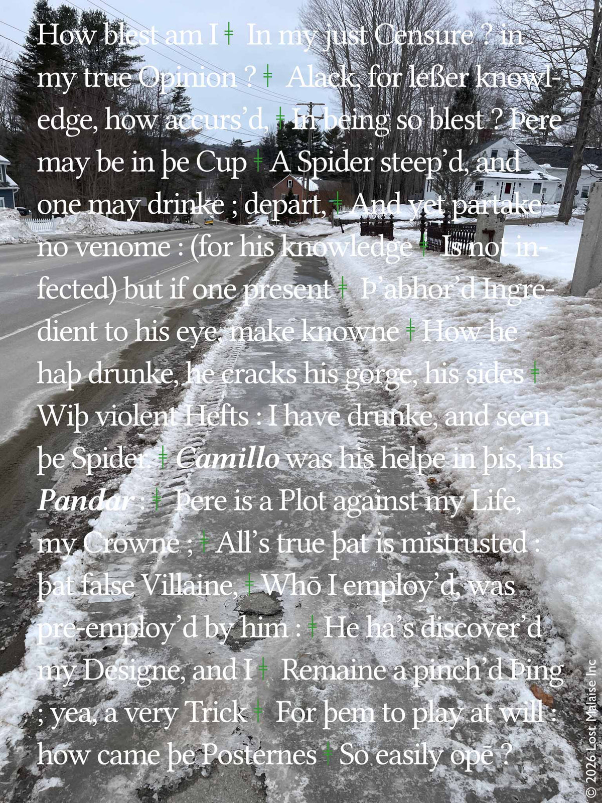 **Shakespeare *The Winter’s Tale* Leontes jealousy speech collage depicting the king’s growing paranoia over Hermione and Polixenes, overlaid on an icy winter streetscape in Readfield, Maine featuring snowbanks, frozen sidewalk, and rural New England atmosphere. Literary wall art blending psychological obsession, betrayal, winter isolation, and contemporary Shakespeare text photography.**