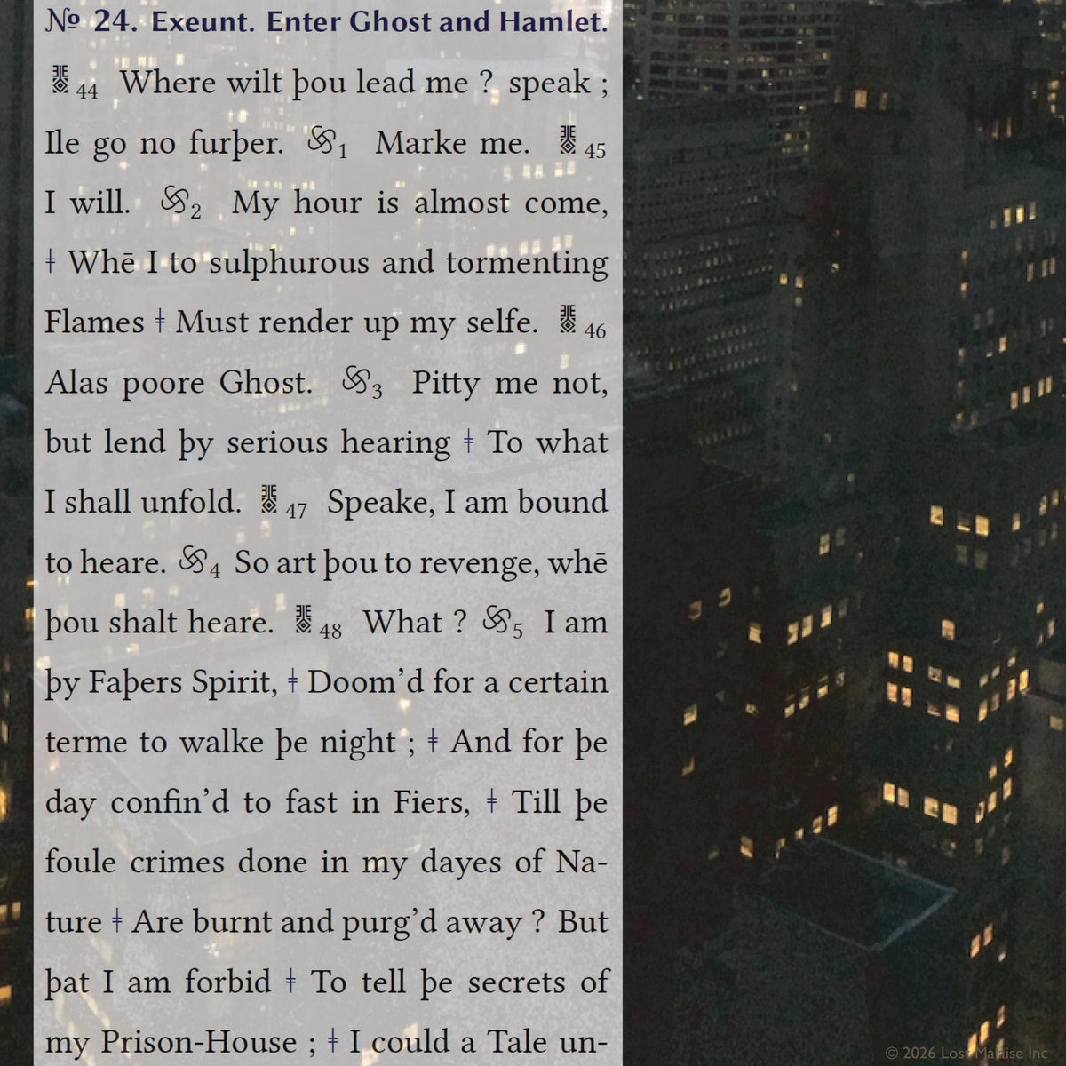 Cover artwork for Hamlet, Prince of Denmarke in the Fifth Folio edition featuring layered folio typography from the Ghost scene superimposed against a nocturnal cityscape of Midtown Manhattan viewed from above.