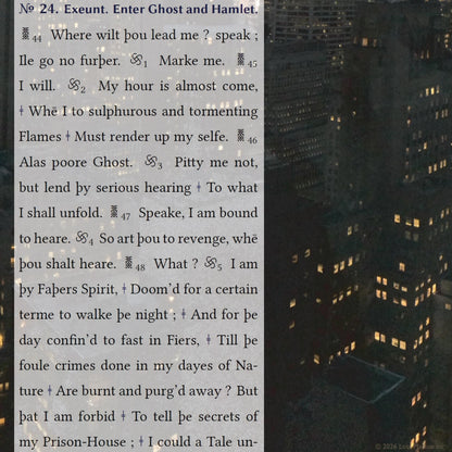 Cover artwork for Hamlet, Prince of Denmarke in the Fifth Folio edition featuring layered folio typography from the Ghost scene superimposed against a nocturnal cityscape of Midtown Manhattan viewed from above.