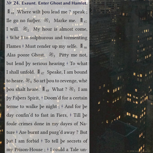 Cover artwork for Hamlet, Prince of Denmarke in the Fifth Folio edition featuring layered folio typography from the Ghost scene superimposed against a nocturnal cityscape of Midtown Manhattan viewed from above.