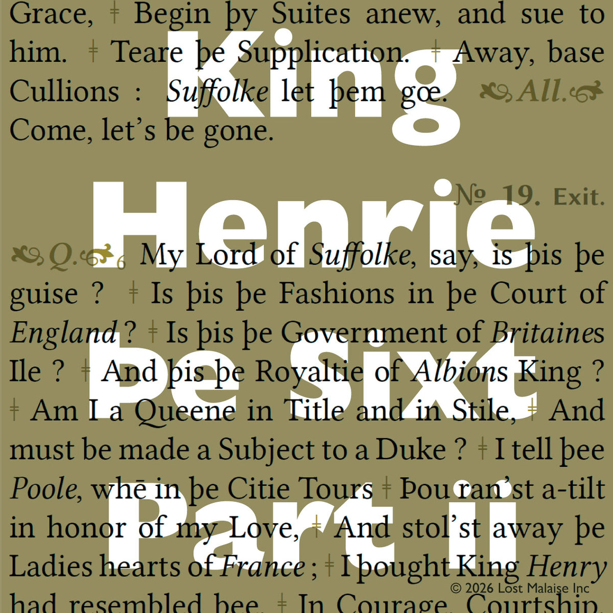 Cover artwork for King Henry VI, Part 2 in the Fifth Folio edition featuring layered folio typography superimposed against passages from the play in muted olive and parchment tones.