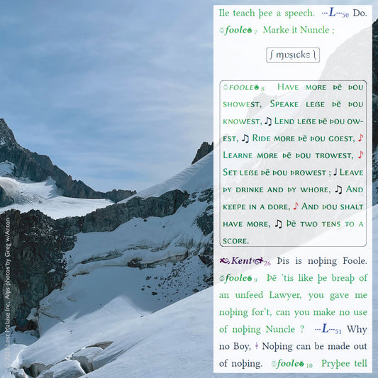 Cover artwork for King Lear in the Fifth Folio edition featuring folio typography set against a photograph from Mont Blanc in the Alps.