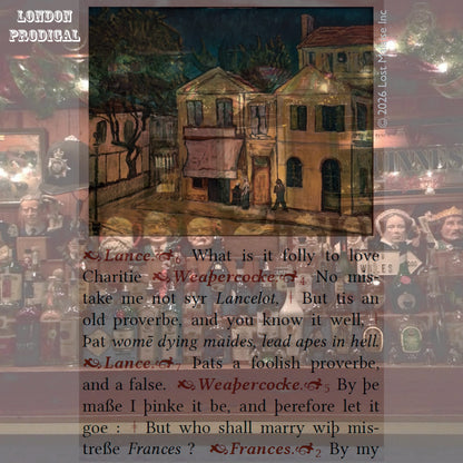 Cover artwork for the apocryphal play The London Prodigal in the Fifth Folio edition featuring layered Shakespearean typography superimposed on scenes from a British pub, including a painting by Antoun Bittar inspired by Van Gogh’s Yellow House.