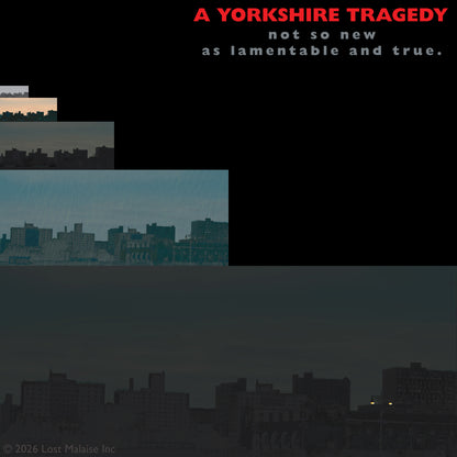 Cover artwork for the apocryphal play A Yorkshire Tragedy in the Fifth Folio edition featuring a sequence of altered urban photographs taken near Coney Island, treated in the style of a late-1960s social realist film poster to suggest shifting weather, passing days, and mounting domestic despair.